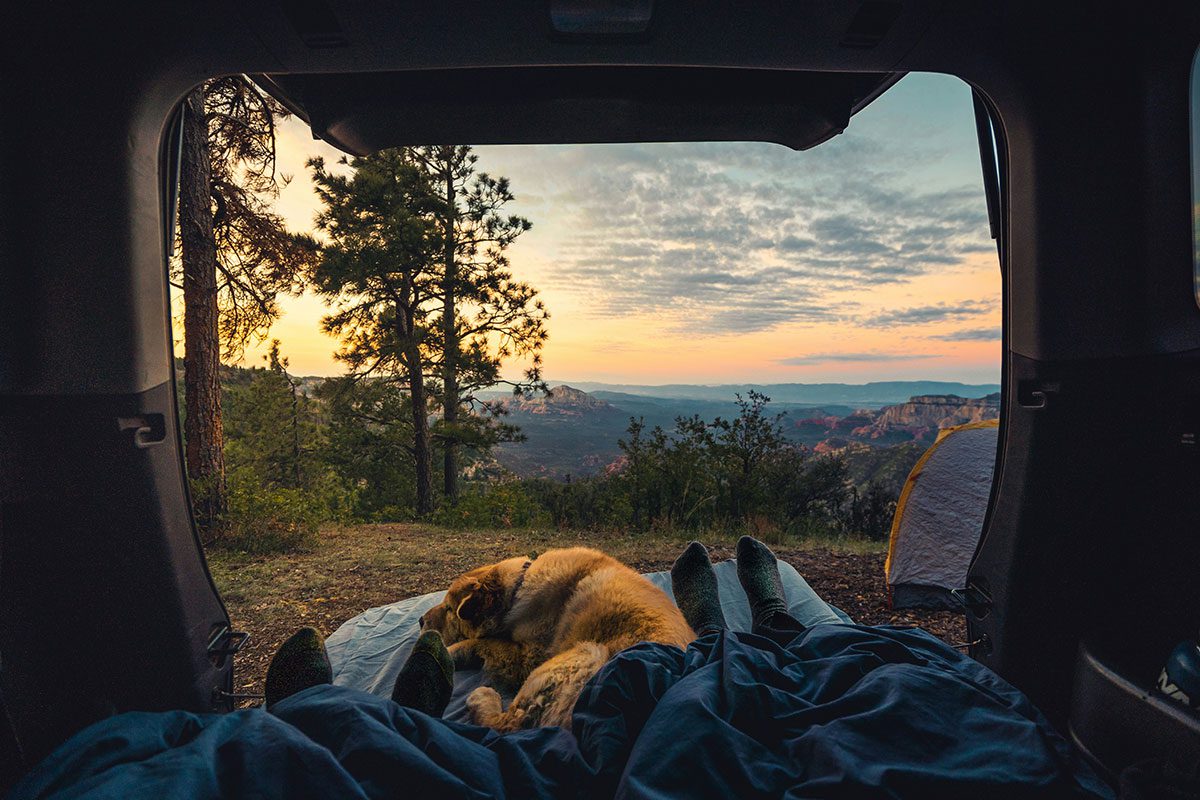 Eine Person liegt im Camper mit einem hellbraunen Hund, die Heckklappe ist geöffnet und im Hintergrund ist ein weiter Blick in ein Gebirge bei Sonnenaufgang